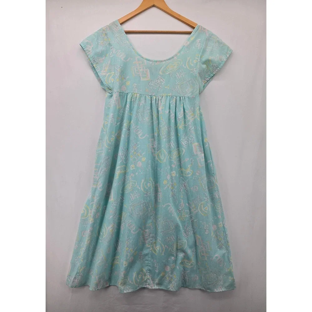 Vintage Gilligan O'Malley Nightgown M Blue Pastel Abstract Cotton Blend USA Made
